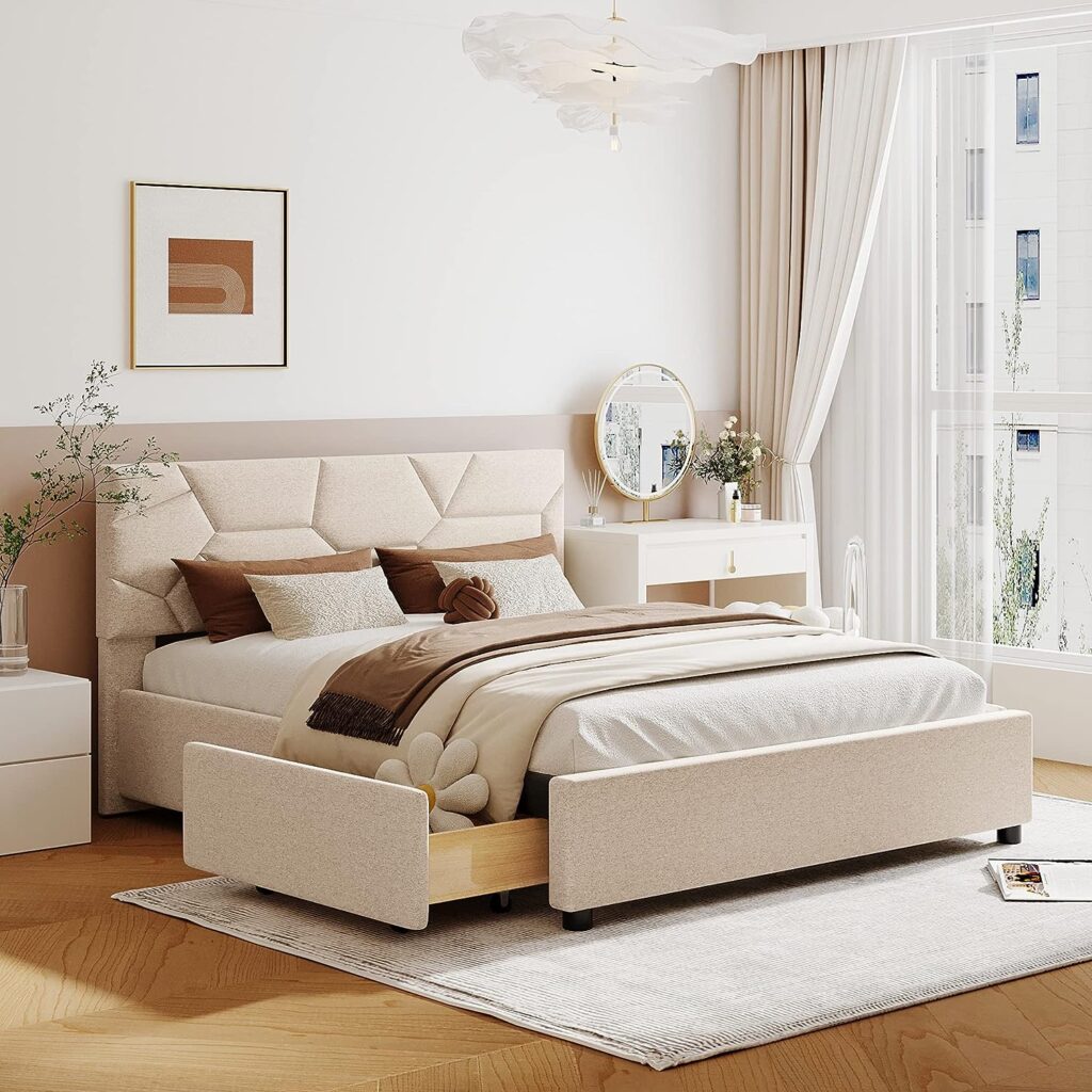 Beige Upholstered Platform Bed with Brick Pattern