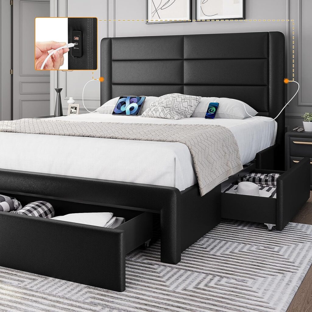 Black Queen Size Bed with Storage Drawers