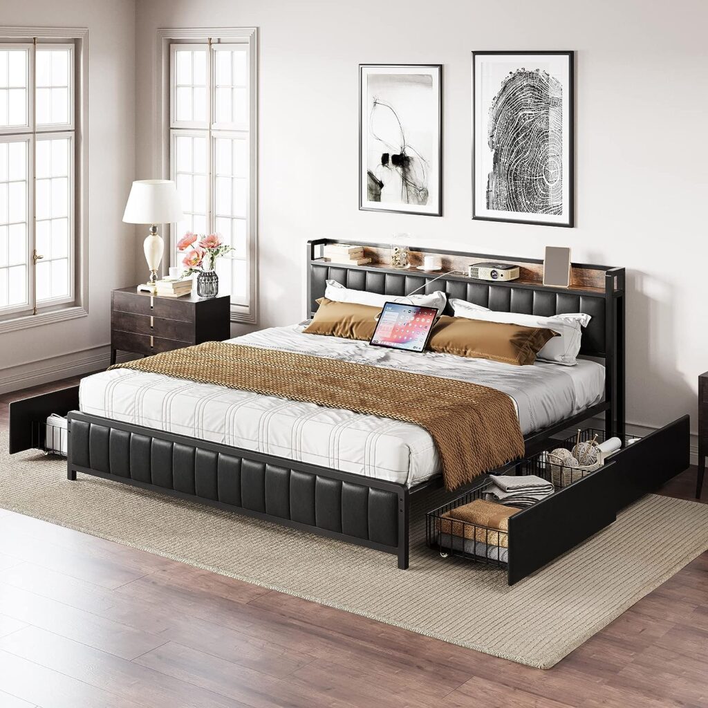 King Bed Frame with Storage Drawers and USB
