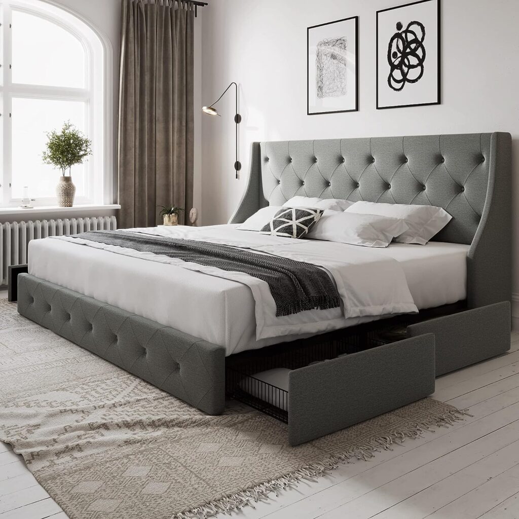 Queen Bed with Wingback Headboard and Storage Drawers