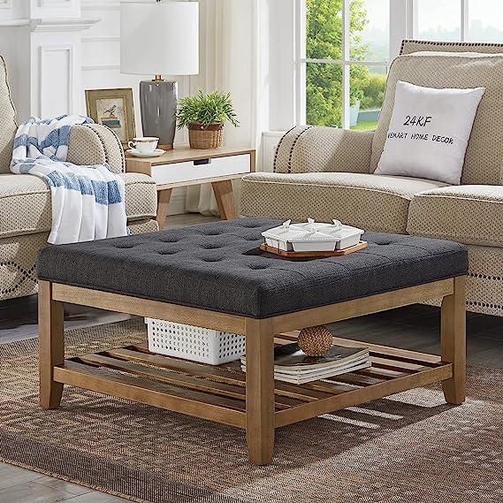Square Upholstered Tufted Linen Ottoman Coffee Table