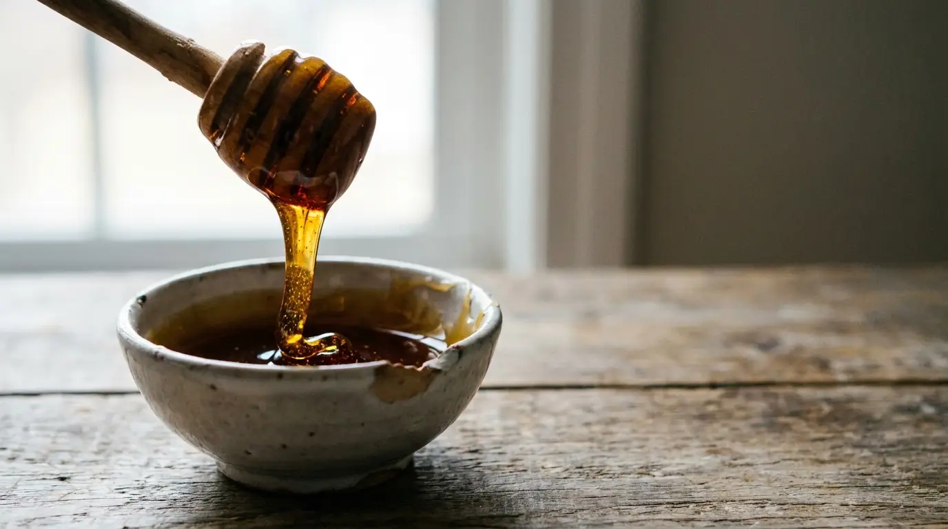 Honey drizzling from wooden dipper into ceramic bowl on rustic wooden table